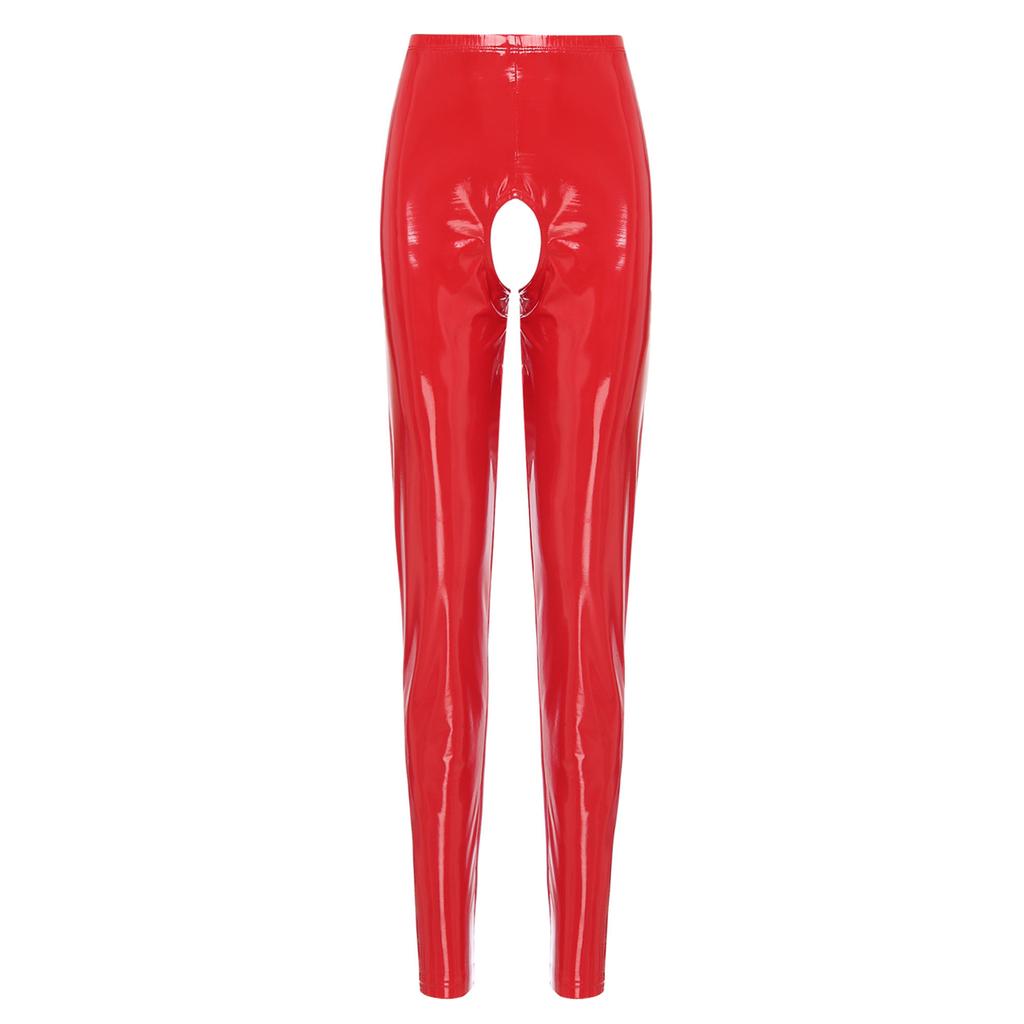 Womens Patent Leather Crotchless Pants High Waist Elastic Leggings Glossy Clubwear