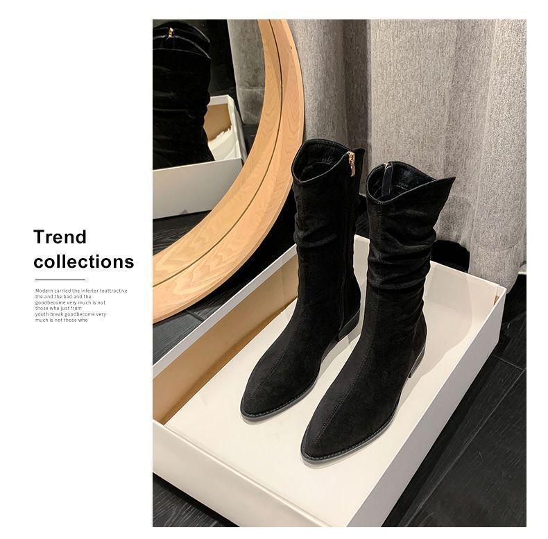 Women's 2025 French Retro Pointed Toe Mid-Calf Boots - Autumn/Winter Soft Suede Leather, Chunky Heel, Non-Slip