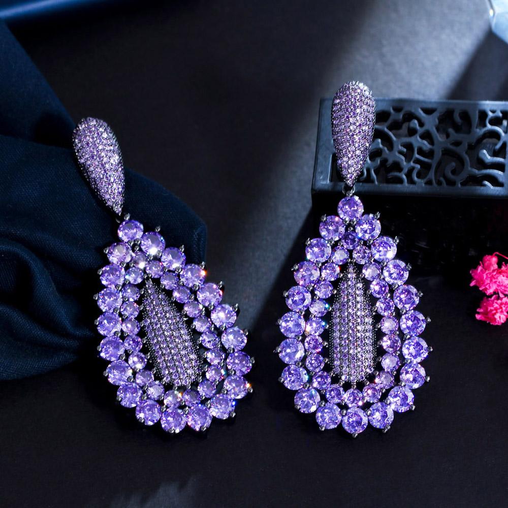 Zircons Bright Round Dark Purple Cubic Zirconia Stone Fine Large Long Dangle Wedding Bridal Earrings For Women