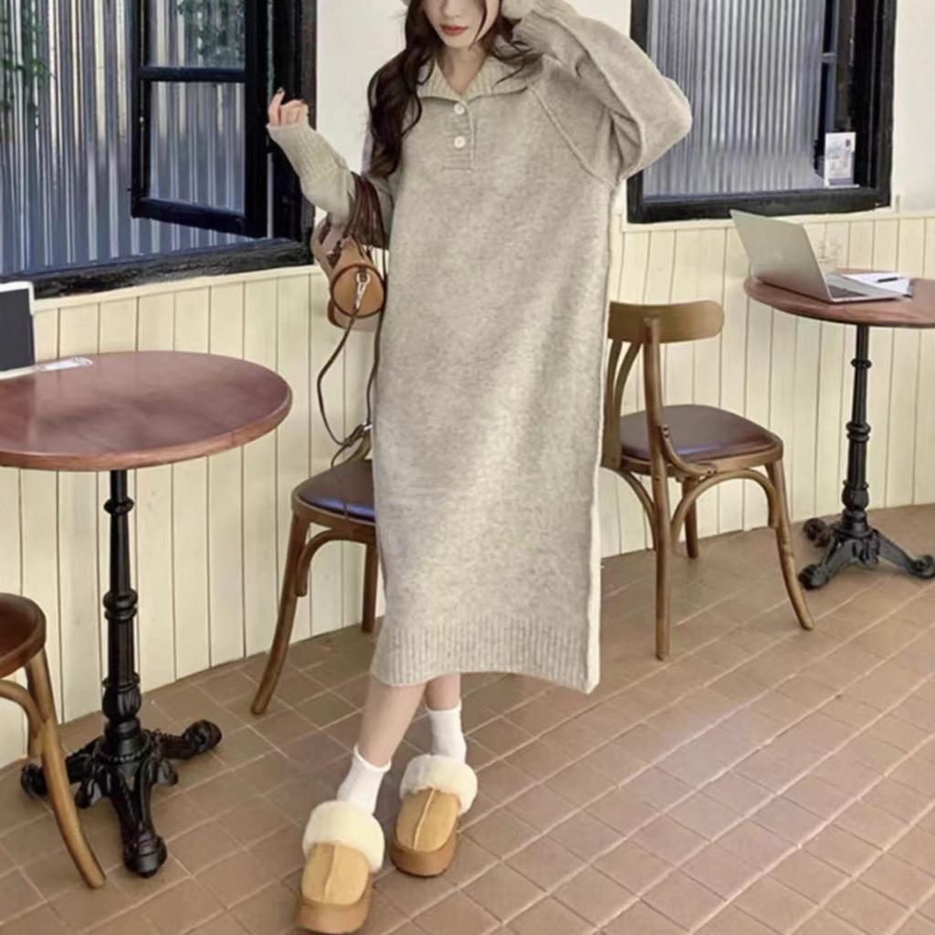 Lapel Sweater Skirt Women's Long Autumn and Winter New Loose Lazy Wind Over the Knee Base with Knitted Dress Inside