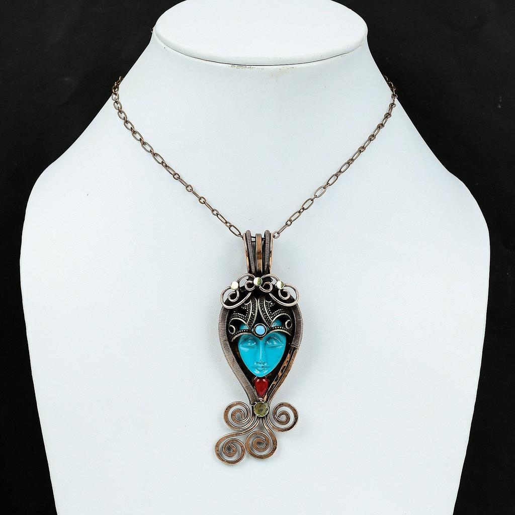Blue Carved Bone Face Pendant Copper Wire Wrapped Gemstone Pendant Italian Coral & Arizona Turquoise Pendant Copper Jewelry Handmade Pendant