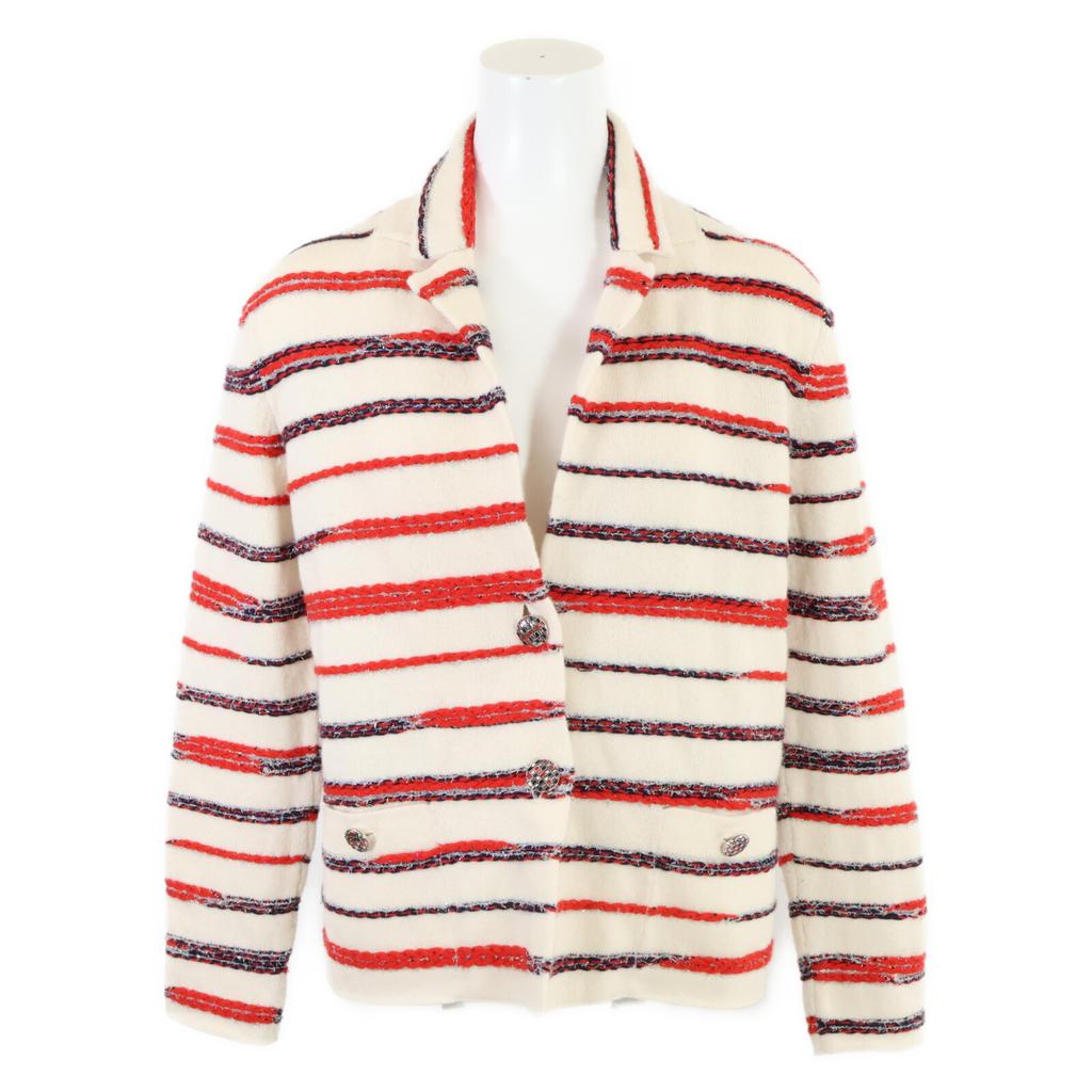 CHANEL Domestic regular P64262K60201 cashmere stripe knit jacket tops 38 off whiteUsed