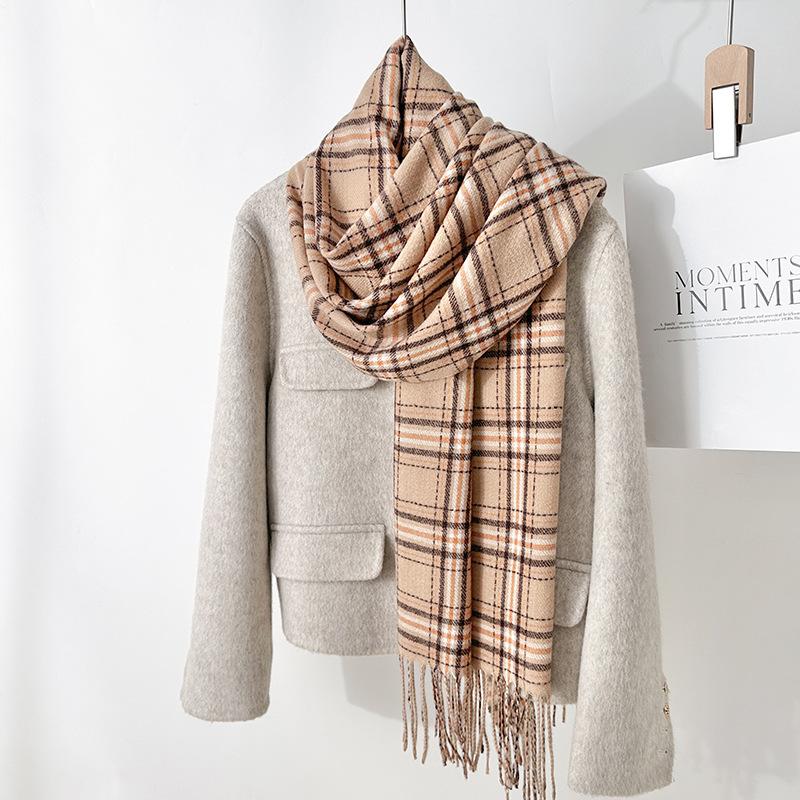 Lazy wind small fresh fashion autumn and winter fringed plaid warm scarf simple temperament imitation cashmere shawl