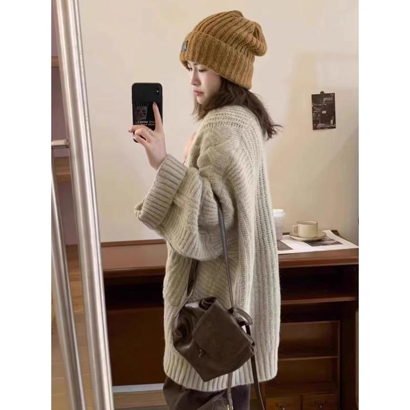 Autumn and Winter Loose Knitted Cardigan Women's Sweater Coat Fashion Elegant Simple Medium and Long Thickened Outer Jackets Casual Pockets Clothing