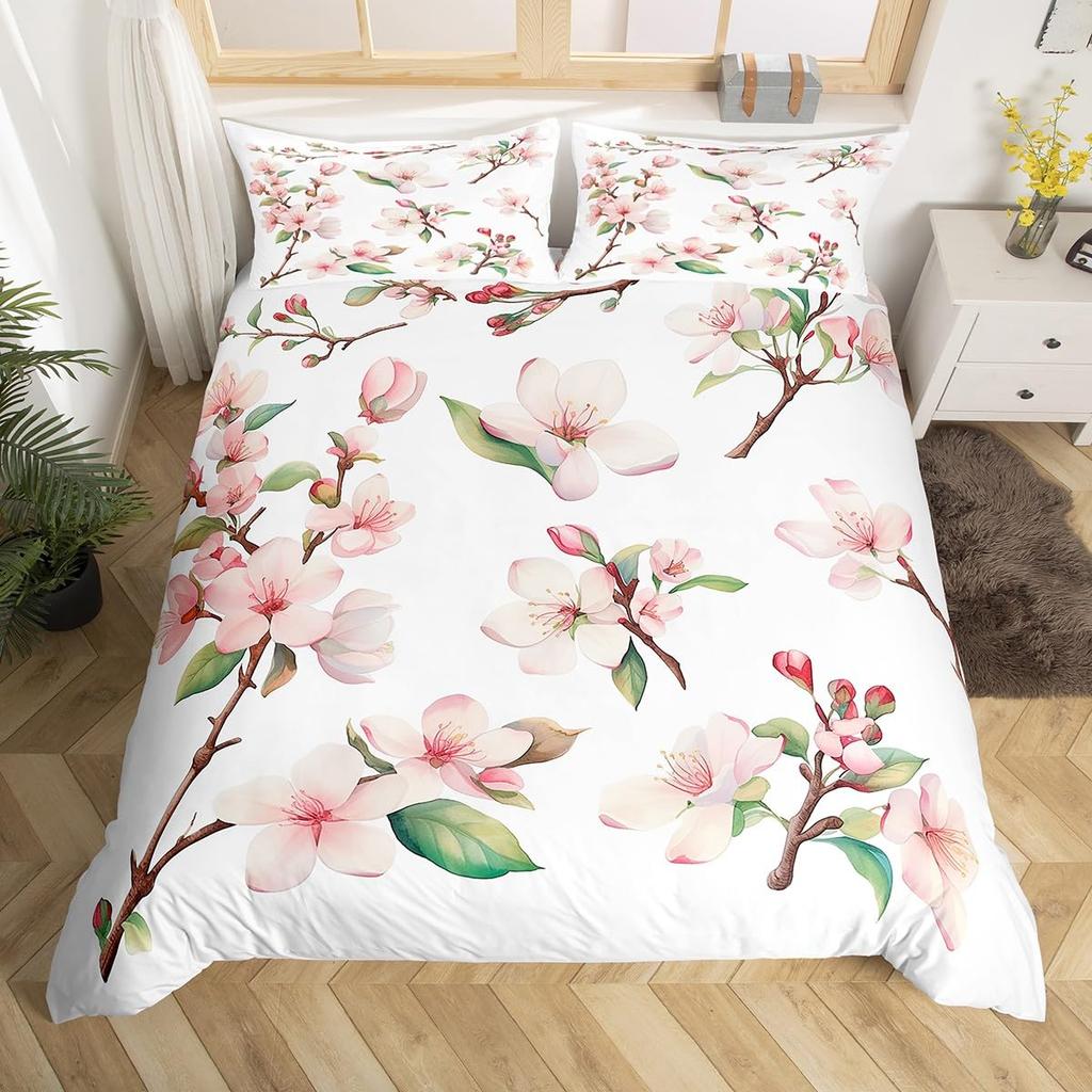 Cherry Blossoms Bedding Set for Boys Girls Japanese Style Floral Botanical Comforter Cover Twin King Sakura Flower Duvet Cover