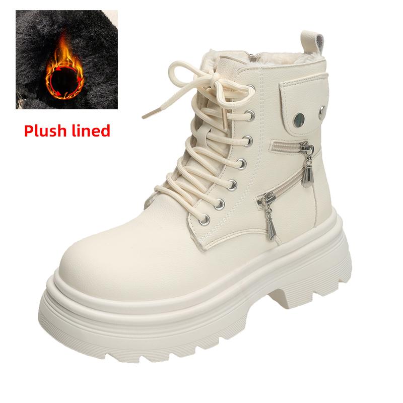 fashion Winter Chunky Platform Combat Boots Women Thick Bottom Plush Warm Ankle Boots Woman Fashion Metal Decor Motorcycle Booties 2024