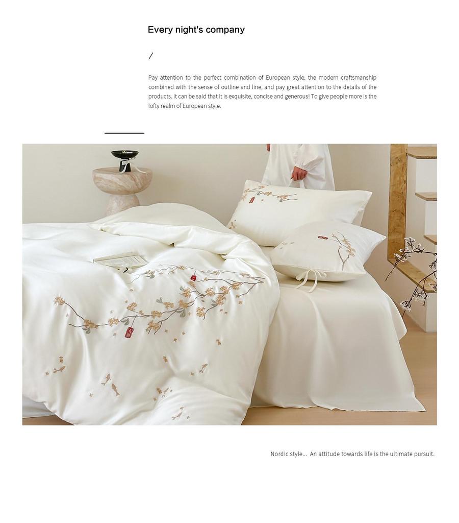 Summer Orchid Tencel Four-Piece Silk Smooth Bedding Set with Embroidered Duvet Cover