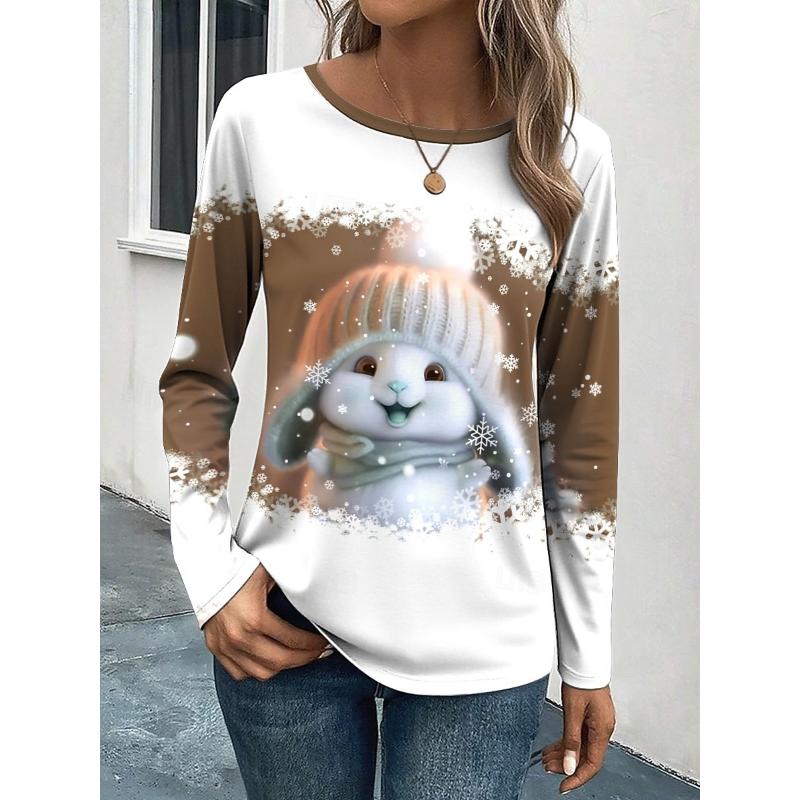 

Рождественская женская футболка с графическим рисунком животного и снежинки, модная, милая, стильная, с длинным рукавом и круглым вырезом 5XL