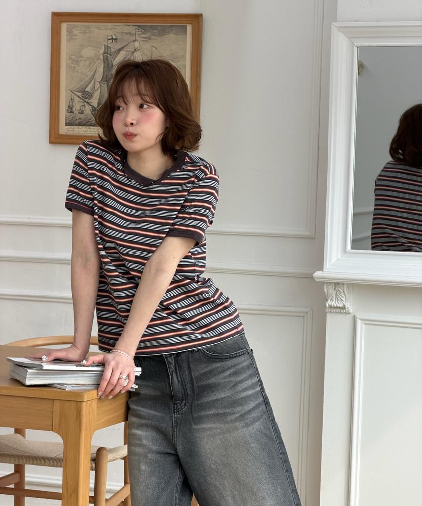 AMOU Amou Multi Stripe Ringer T-Shirts Brown