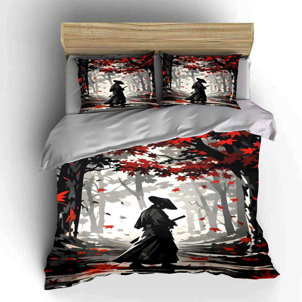 Samurai In Autumn Forest Bedding Duvet Cover Set (1*Duvet Cover 2*Pillowcases, Without Duvet Insert)