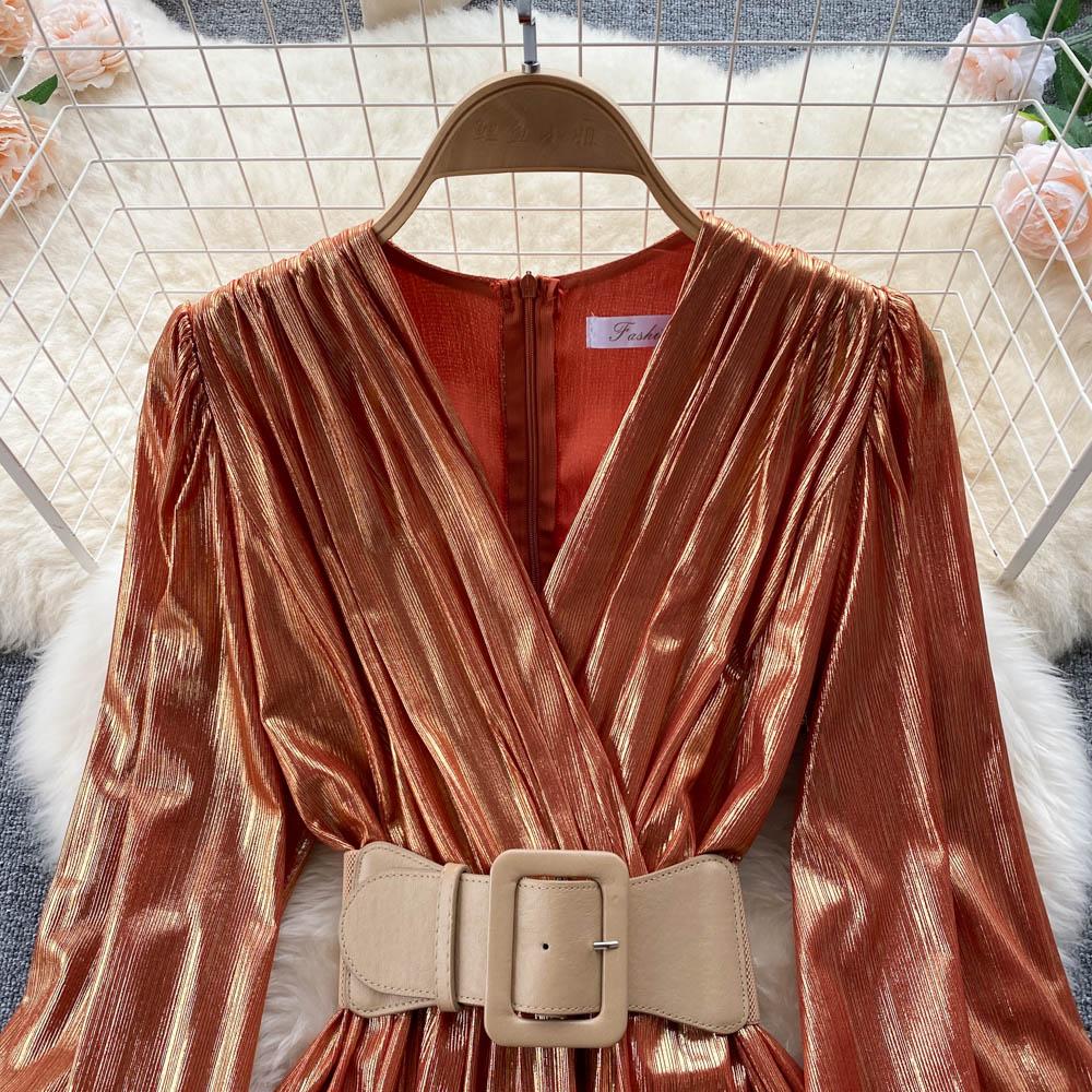 RUGOD Rochii europene și americane Temperament high-end cu decolteu în V Talie subțire și ușoară Stil matur Rochie lungă cu leagăn mare Femei