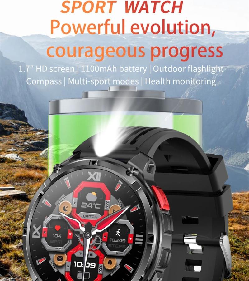 2026 New Military 1100mAh Battery Smart Watch 1.7" AMOLED Screen Compass GPS Flashlight Bluetooth Call Waterproof 5ATM Swim Smartwatch Men