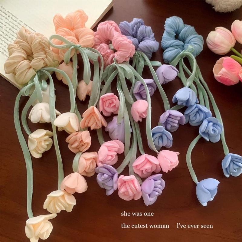 Elegant Floral Tulle Scrunchie With Fringe Detailing Headbands Rope Hair Band For Everyday Styling