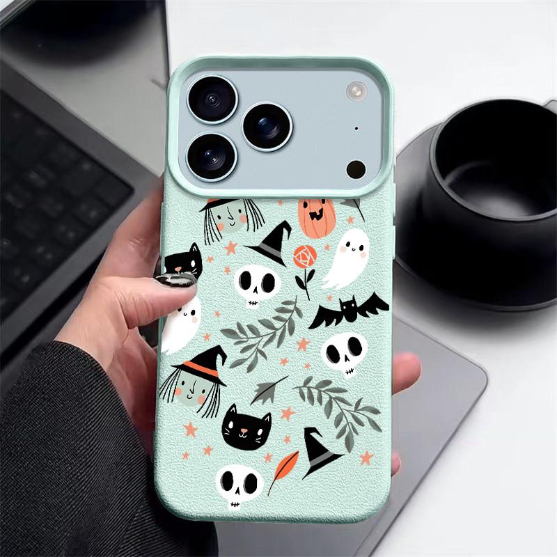 Ghost Witch Skulls Print Phone Case For iPhone 17 Pro Max Funda iPhone 16 Pro Max 15 14 13 12 11 16e Air Leather Texture Silicone Soft Cover
