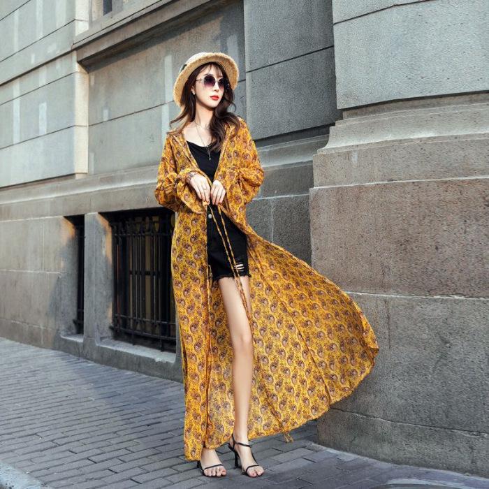 

Шифоновый кардиган с капюшоном и пляжным принтом для женщин – Свободный, дышащий, накидка для защиты от солнца Large жёлтый