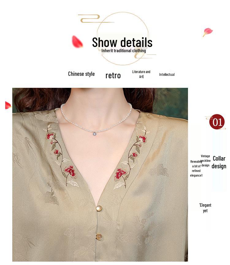 Frühling 2024 Damen Retro Chinesischer Stil Bestickte Kunstseide Tang Bluse