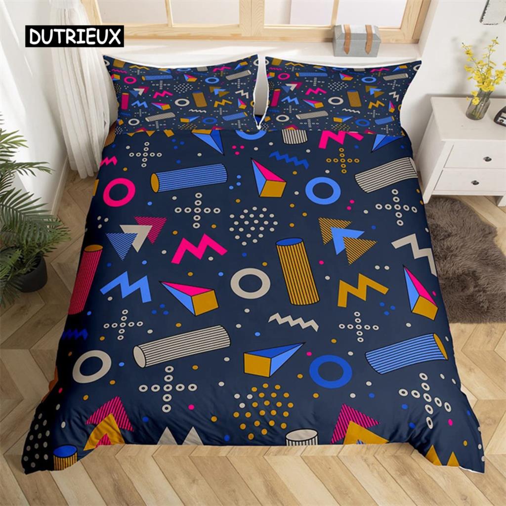 Psychedelic 3D Geometric Duvet Cover Microfiber Colorful Pop Abstract Art Comforter Cover Retro 80s Style Bedding Set Queen Size