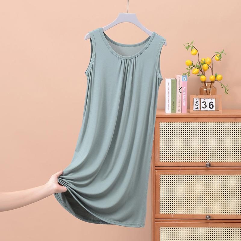 Loose Pleated Sleeveless Vest Skirt Medium and Long Nightdress Home Pajamas Large Size Thin Women's Dress