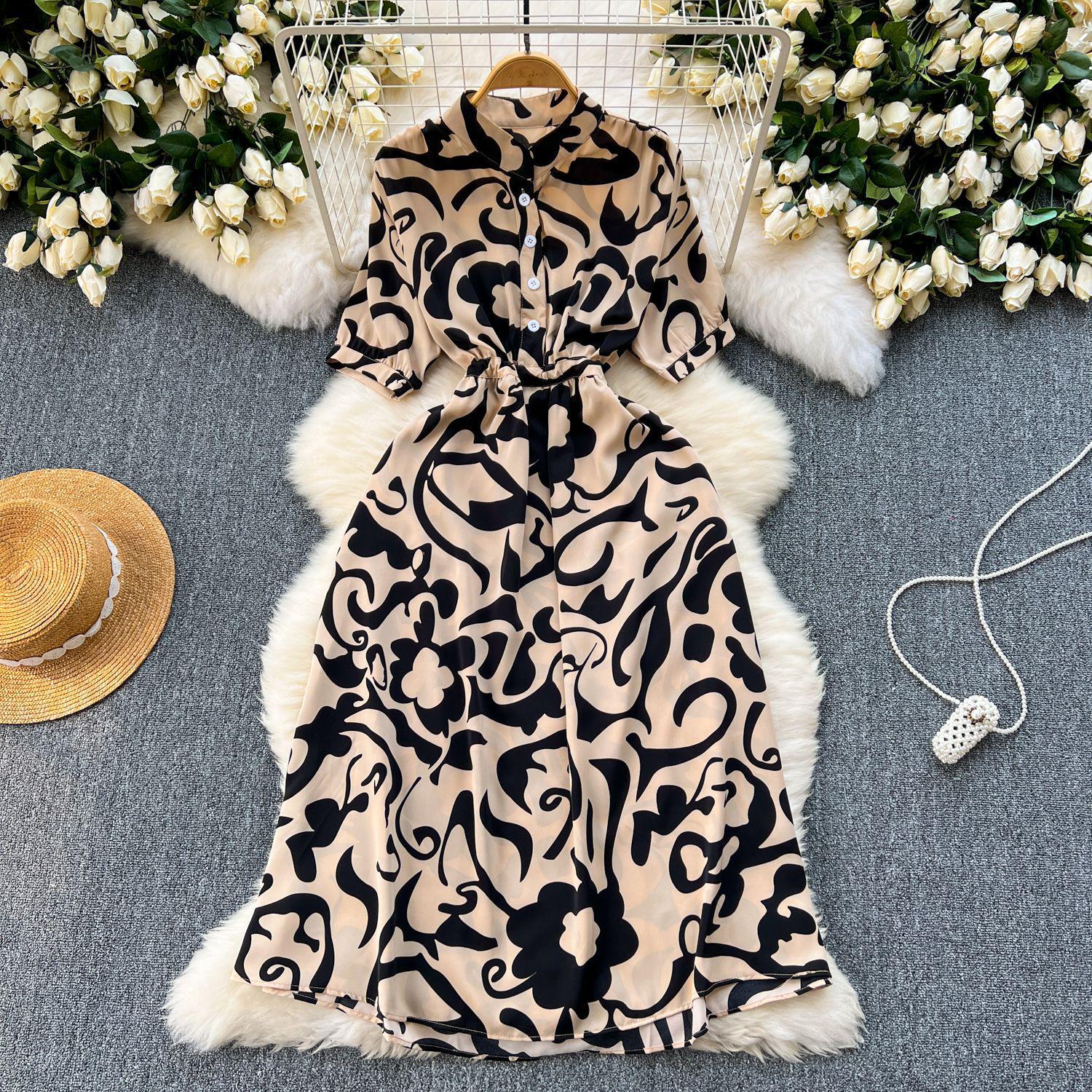 Women s Summer Lace-Up Waist Slim-Fit Mid-Length Print Vacation Dress One Size хаки
