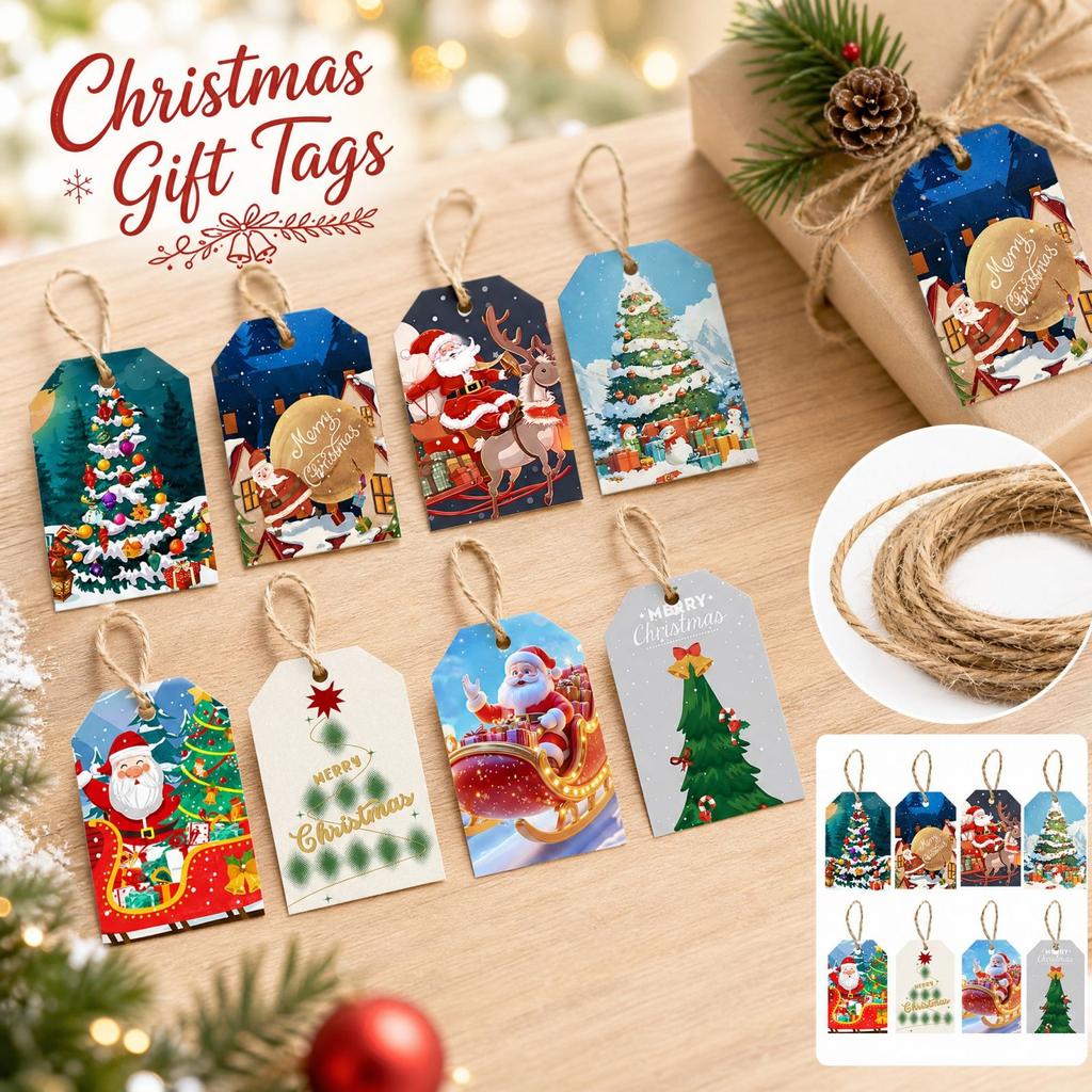 Christmas Party Hanging Tags with Rope for Gift Bags and Decorations,