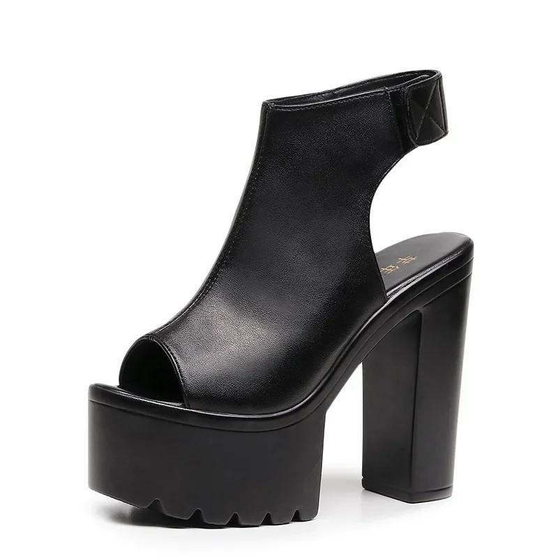 

14 см Маленький размер 32-43 Элегантные туфли на толстой платформе Летние сандалии из мягкой кожи 2025 Блочный высокий каблук Гладиаторские сандалии 38 чёрный