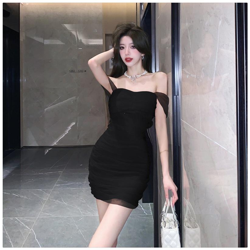 Summer New Pure Desire Sexy Pleated Spice Girl Hip Wrap Skirt Showing High Mesh One-word Shoulder Hip Wrap Dress
