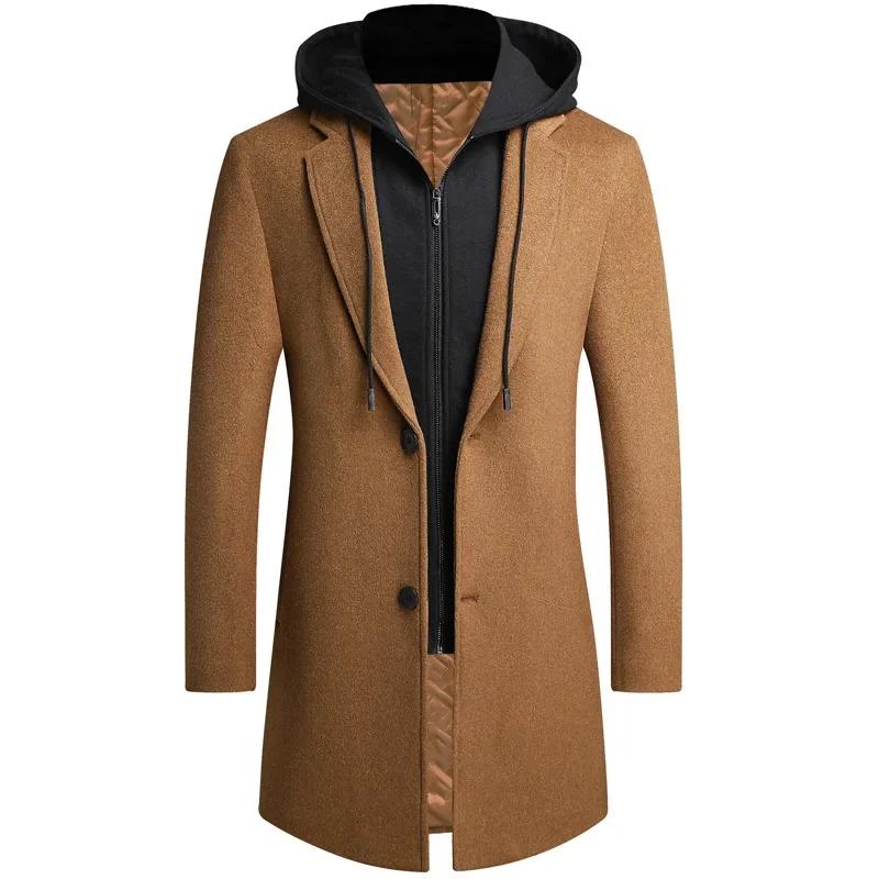 Autumn Winter Men Hooded Wool Jacket Autumn Mens Long Windproof Wool Coat Casual Thick Slim Jacket Male Size