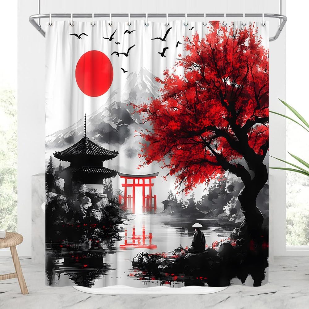 Asian Japanese Cherry Blossom Shower Curtain Rustic Farmhouse Floral Watercolor Oil Painting Flowers Anime Chinese Style Mountains Lakes Landscape