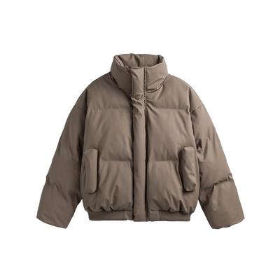 Unisex Frosted PU Leather Puffer Jacket: Winter Heavyweight Stand-up Collar, Thick Warm Loose Fit, Casual Outerwear for Men and Women.