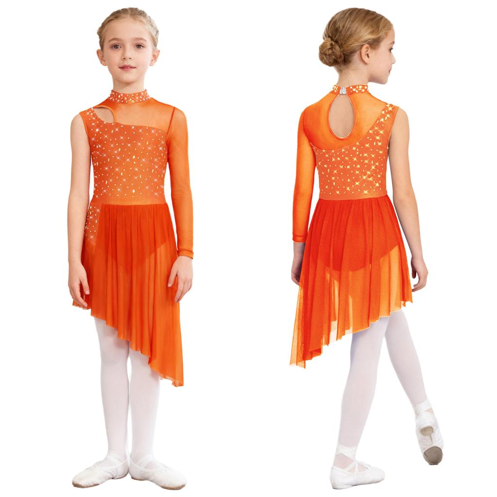 Complete Competition Lyrical Costume for Girls: Features Asymmetrical Design, Mock Neck, Mesh & Rhinestone Details