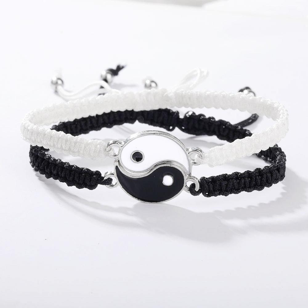 1 Set of 2 Simple Tai Chi Bagua Black and White Yin and Yang Rope Braided Telescopic Adjustment Bracelet for Men and Women Coupl