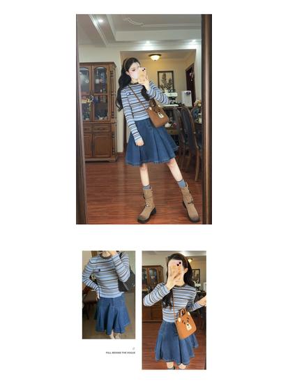 2025 Podzimní pruhovaný colorblockový vlněný úpletový slim svetr pro ženy