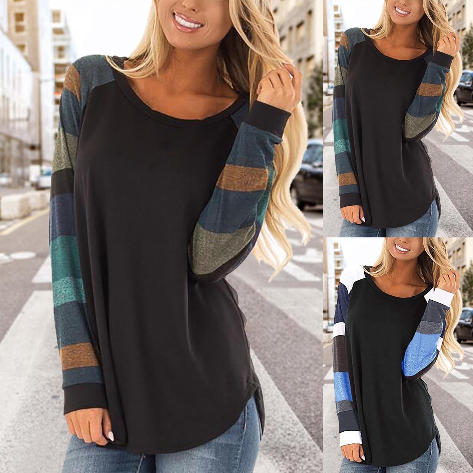 

Женская повседневная футболка в полоску с рукавами в стиле пэчворк, свободная блузка с длинным рукавом