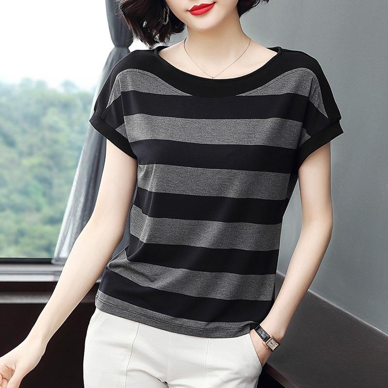 Plus Size Striped T-Shirt Women Summer Oversized Loose Short Sleeve Slimming Tee M-3XL M чёрный