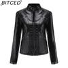 BITCED Women's Casual Leather Jacket Stand-up Collar Slim-Fit Outerwear Spring/Autumn Solid-Colour Leather Jacket