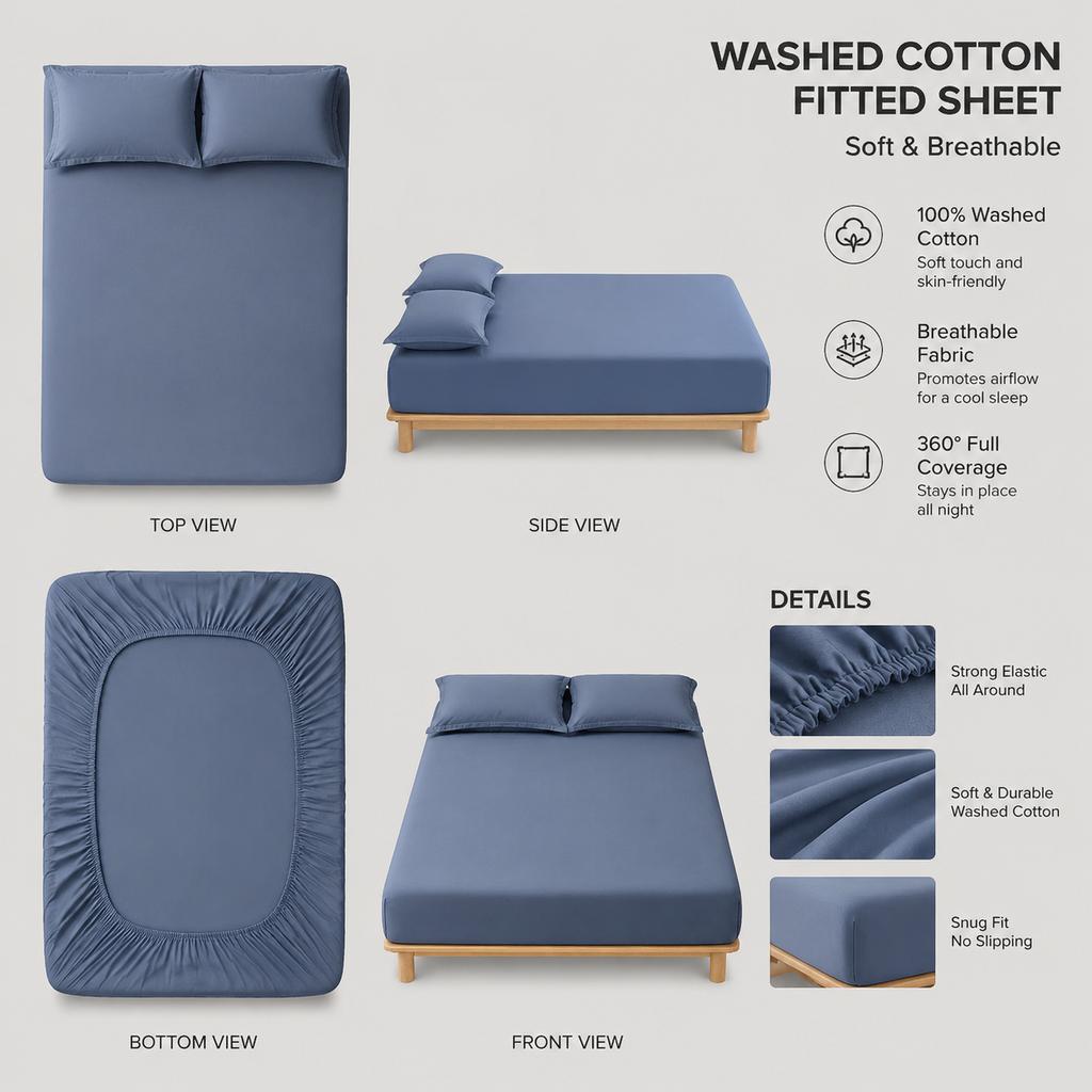 Brushed Washed Cotton Fitted Sheet, All Seasons Full Wrap Mattress Protector Cover with Pillowcase, Dustproof Anti-Dirty Bed Linen