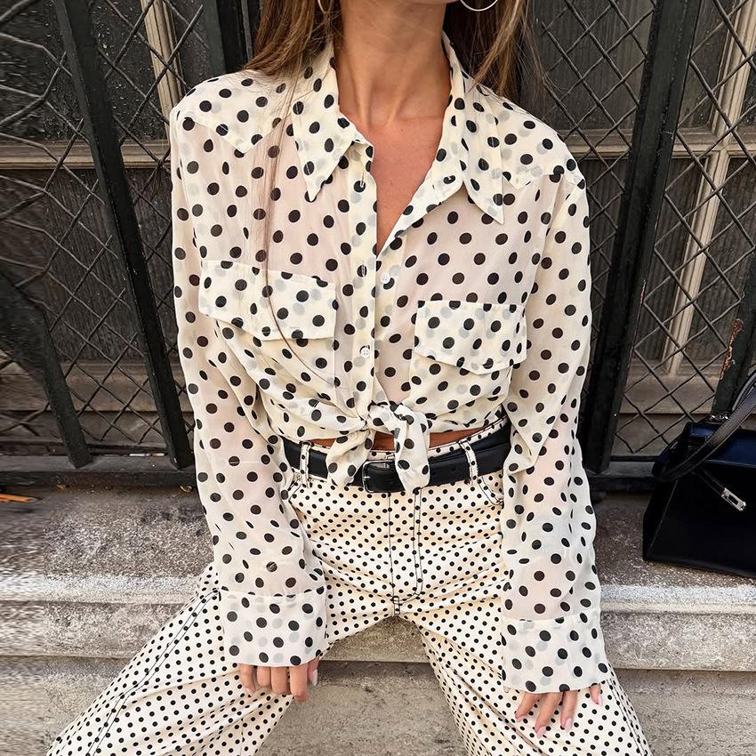 

Spring And Summer New Fashion Lapel Cardigan Top For Women Elegant And Versatile Polka Dot Shirt For Commuting S