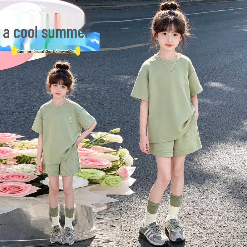 Girls' Korean Style Summer Sports Set: Short Sleeve & Shorts Two-Piece