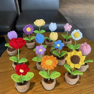 Sunflower Crochet Flowers Hand-knitted Tuilp Rose Daisies Flower Potted Bouquets Eternal Graduation Wedding Guests Gift Floral