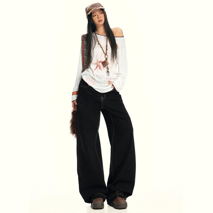 

Унисекс джинсы на осень 2025 года в стиле ретро, выстиранные, двусторонние, свободного кроя, с прямыми штанинами L