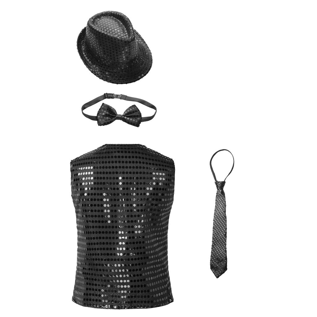 Boys Jazz Dance Vest Sparkling Sequin Sleeveless V Neckline Buttons Design Performance Wear Hat Bowtie