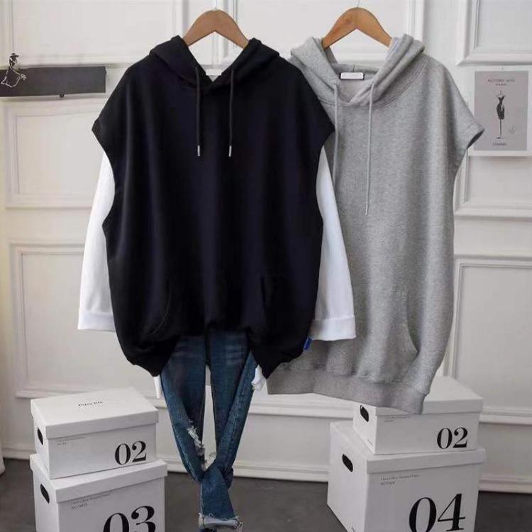 Women's Casual Loose Hooded Sweatshirt Large Size Mid-length Sleeveless Coat Solid Color Vest Top