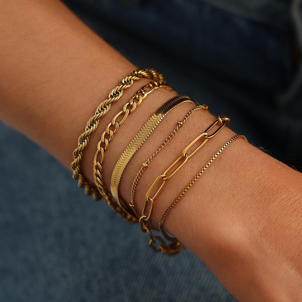 

Ingemark 6Pcs/Set Luxury Stainless Steel Multi Layer Stackable Bracelets Women Vintage Gold Color Cuban Link Snake Chain Bangle