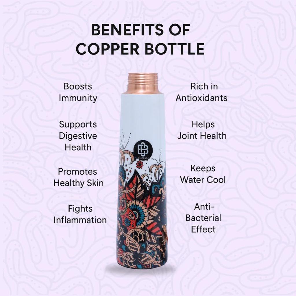 Pure Copper Floral Print Designer Water Bottle with Ayurvedic Benefits Rustproof & Leakproof Copper Bottle for Home School Gym Travel Bottle Drinkware