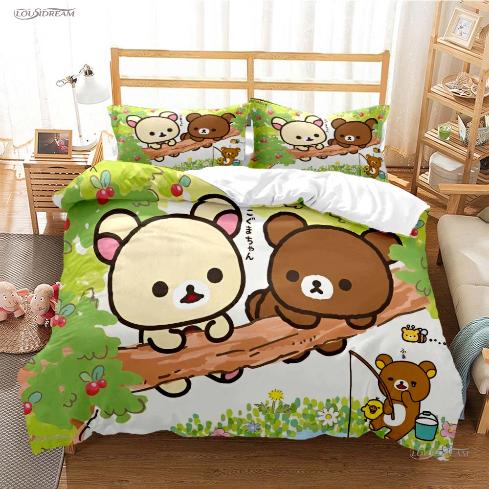 

Carton Rilakuma Bear Anime Al Season Soft Duvet Cover kawai Beding set Soft Comfortable Quilt Cover plus Pilowcases Single/Double/Quen/King 120*200cm Single