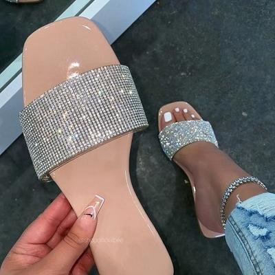 Moda Novas Sandálias de Verão Mulheres Chinelos Strass Sandálias Rasas Senhoras Chinelos Sapatos Femininos Biqueira Redonda Bling Sandálias de Luxo Mujer
