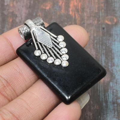 Pendente Gioiello Fatto a Mano in Argento Sterling Massiccio 925 con Gemma Onice Nero Per Lei