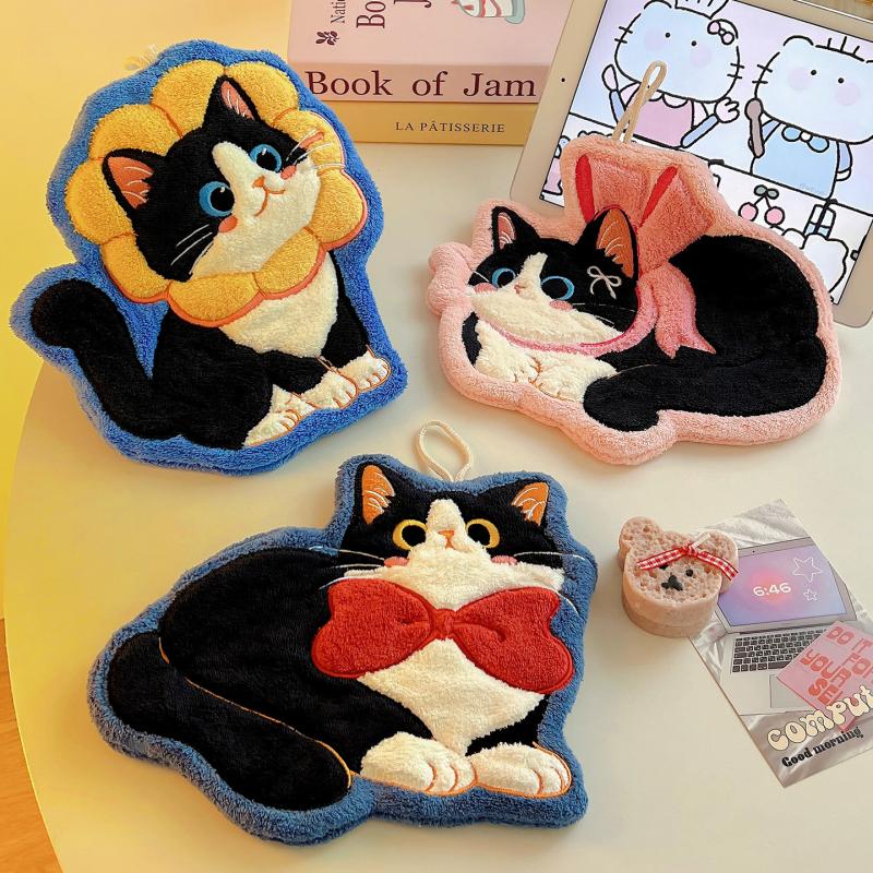 Cartoon Coral Velvet Hand Towel For Kitchen Kawaii Cat Hand Wipe Cleaning Cloth Bathroom Hanging Towel Absorbent Clean Rag