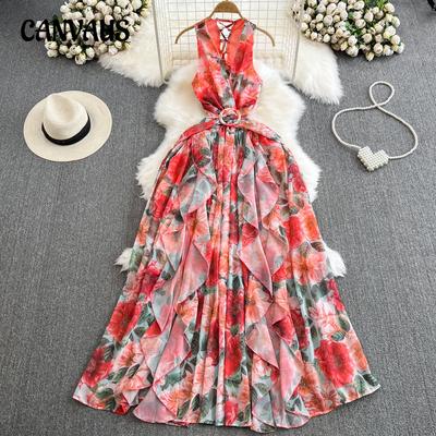 Women's Bohemian V-neck Backless Waisted Thin A-line Ruffled Printed Dress Seaside Holiday Hemline Long Dress