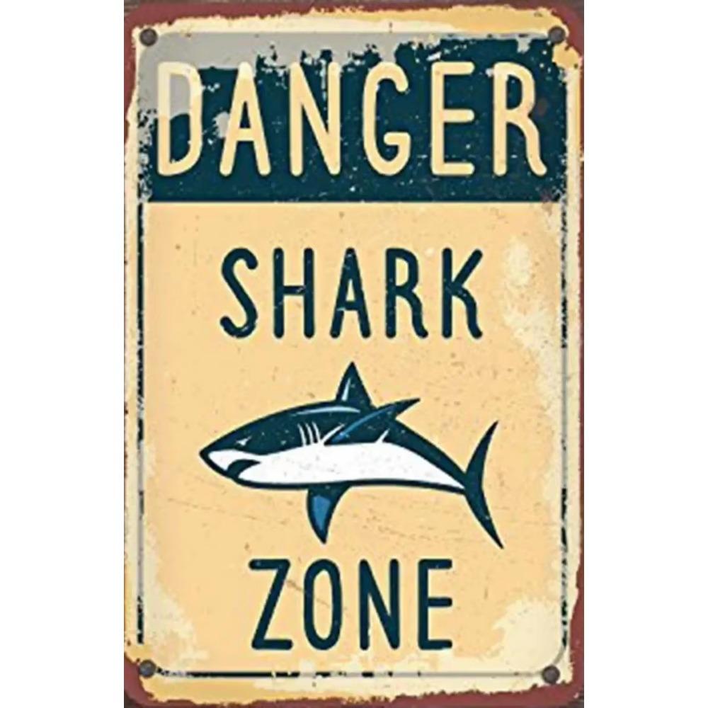 Retro Shark Warning Metal Sign Painted Plaque Perfect for Courtyard Manhole Swimming Pool and Wall Mural Decor